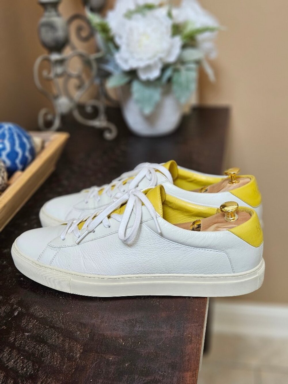 KOIO Men's Capri Full-Grain Leather Sneakers, White/Yellow, Sz EU 46 US 13 - Picture 3 of 16